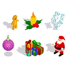 Christmas Isometric Illustrations Santa, Gifts, Gingerbread Man, Ornaments and Festive Designs