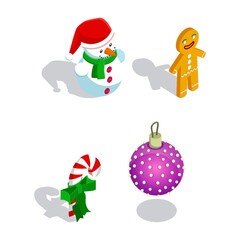 Collection of Christmas Decorations and Treats, including a Snowman, Gingerbread Man, Candy Cane, and Ornament