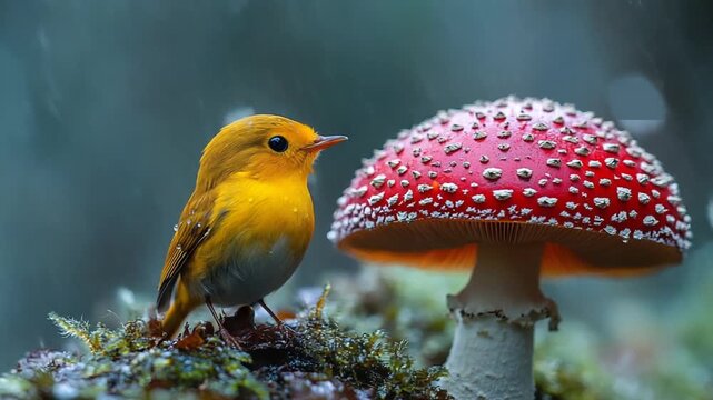 Vibrant bird beside a red mushroom in nature