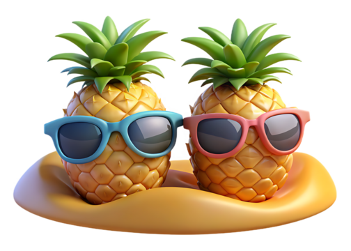 Two anthropomorphic pineapples wearing colorful sunglasses sitting on a yellow float ready for a fun summer vacation