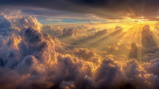 Heavenly light beams pour through a cinematic cloudscape during a glorious sunrise or sunset