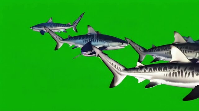 A group of sharks swimming together on a green screen background in a cartoon style image green screen animal video