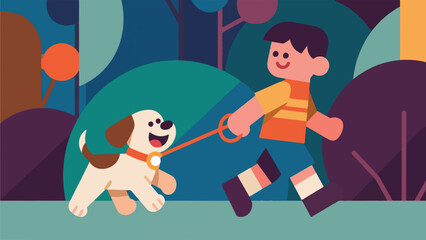 Illustration Of Child Walking A Small, Playful Puppy, With The Puppy Tugging On The Leash And A Happy Expression Vector Design Template