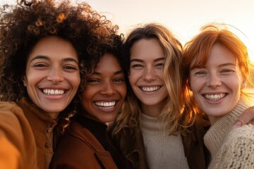 Four women share a joyful selfie, showcasing radiant smiles and connection, bathed in warm golden light.