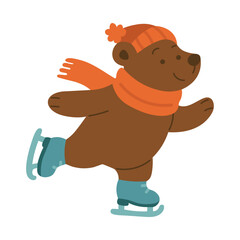 Cute brown bear ice skating in winter clothes, flat vector cartoon illustration.