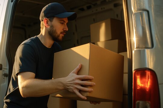 Moving day organization. A man unloading cardboard boxes from a delivery van in a warm, sunlit environment.