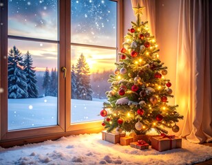 A lit tree adorned with baubles sits near a window