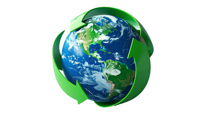 surrounded by green recycling symbols. This image depicts the concepts of sustainability, environmental protection, and global ecological awareness.e