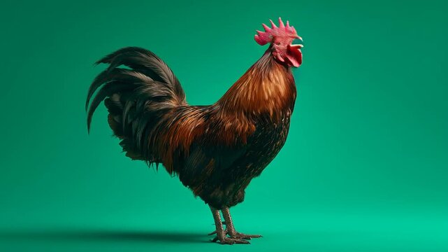 Rooster crowing on a vibrant green background