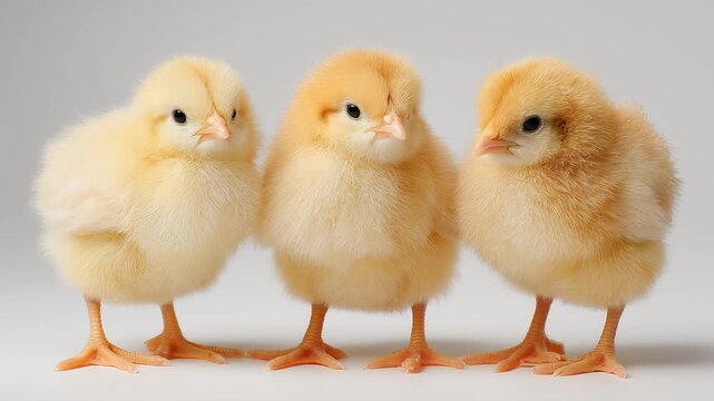 Three yellow chicks stand together on a white background.