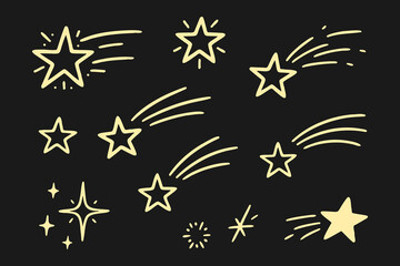 Hand drawn shooting star doodle collection with glowing yellow spark design elements