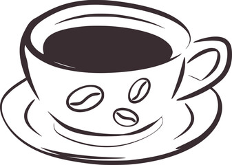 Black and white line drawing of a smiling coffee cup with beans saucer coffee beans