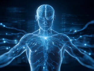 青い光で人体の神経ネットワークと脳の構造を可視化した未来的な医療イメージ