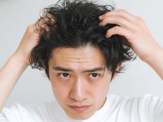 髪のベタつきや頭皮のかゆみに悩む男性が鏡の前で頭皮の状態をチェックする様子