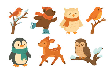 Cute winter animals set including owl, deer, bear, penguin and birds, flat vector illustration.