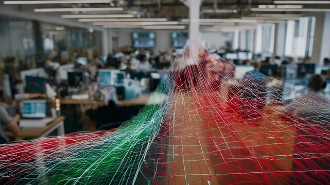 Medium shot showing AIpowered pattern recognition analyzing call dynamics to detect trends and improve communication strategies in a busy office.