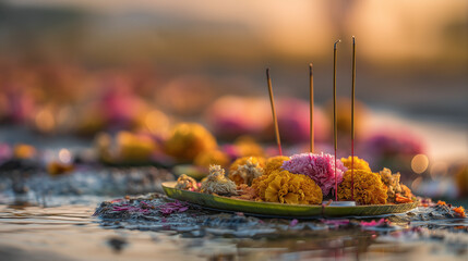 Floating krathong with incense and flowers drifting on river at sunset during Loy Krathong celebration in Thailand