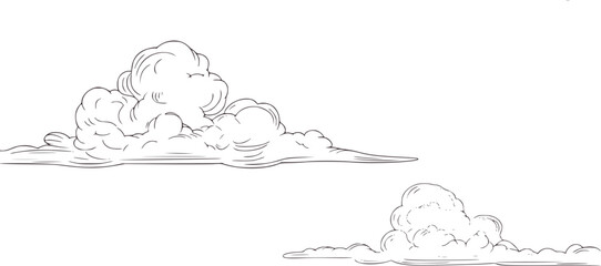 Fluffy cumulus clouds in black ink drawing black and white