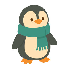 Cute penguin in scarf, winter animal illustration in soft flat cartoon vector style.