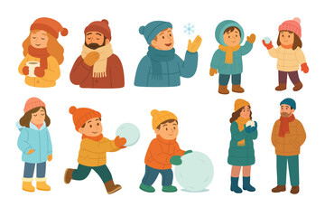 People in winter clothes having fun outdoors, warm outfits and snow activities in flat style.