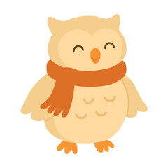 Cute owl in warm scarf, funny winter bird illustration in soft flat vector style.