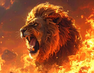 A majestic lion's fiery roar with glowing eyes against flames