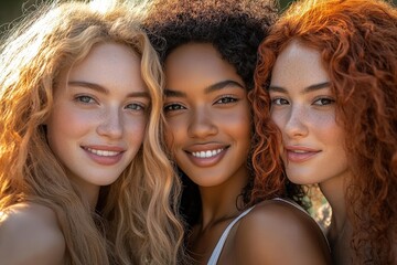 Fototapeta premium Three diverse women with radiant smiles, showcasing healthy, natural beauty in a warm, sunlit outdoor setting.