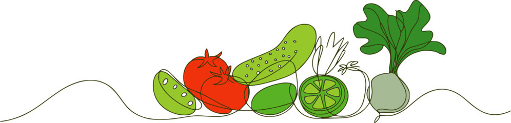 Minimalist line art illustration of fresh vegetables tomato cucumber