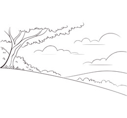 Minimalist line art landscape with tree and clouds vector