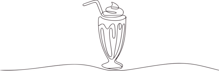 Minimalist line drawing of a tall milkshake with whipped cream and straw drink beverage