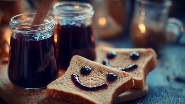 Adorable Toast with Jam Faces and Jars of Sweet Preserve.