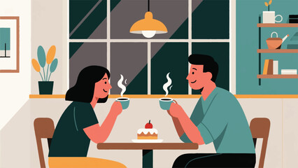 Illustration Of Couple Sharing A Dessert At A Cozy, Minimalist Cafe, With Steam Rising From Their Cups And A Window View Vector Design Template