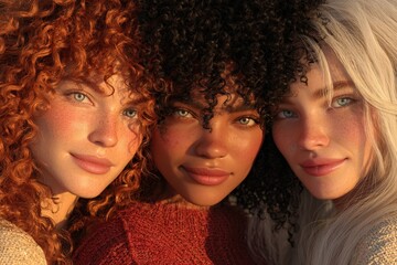 Obraz premium Three diverse women, close-up, showcase a warm, inviting friendship, highlighting natural beauty and textured hair. Their expressive faces and gentle smiles evoke a sense of harmony and unity.