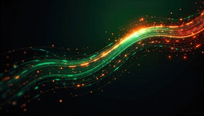 Digital Green Data Stream Futuristic Circuitry Abstract Line Flow Network A sharp, neon green swoosh representing a high speed digital data stream, interwoven with subtle circuit board patterns and