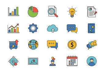 Assorted icon collection representing data analysis business concepts and technology