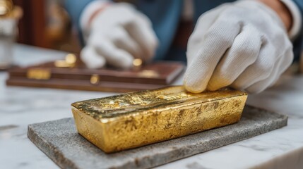 Banker in clean suit inspecting gold bar with white gloves luxury office professional environment close-up view