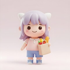 A cute girl proudly holds a grocery bag filled with fresh food. The gentle colors and smiling face give the scene a cozy and joyful feeling.