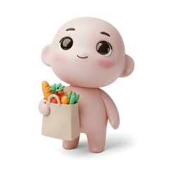 A tiny character holds a paper grocery bag filled with vegetables. The soft pastel tones and gentle expression make the scene playful and adorable.