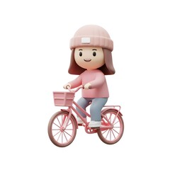 A cute girl rides a pastel bicycle, gently holding the handlebars. The soft tones and relaxed pose create a sweet cheerful scene full of movement and charm.