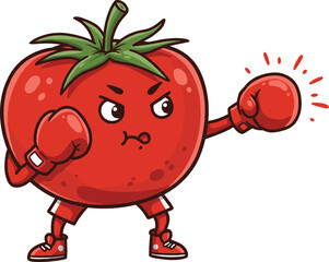 Cartoon tomato boxer with gloves and sneakers, determined face and punch motion, anthropomorphic vegetable character, white background, fun illustration