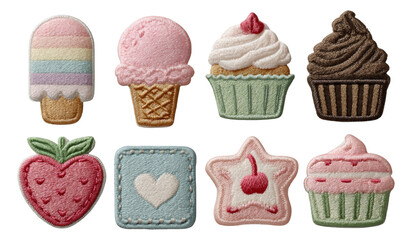 Colorful Embroidered Desserts with Ice Cream and Cupcakes on Transparent Background
