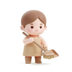 Mini figurine of a child holding a broom, simple forms and warm pastel colors, isolated on pure white background for a clean minimal appearance.
