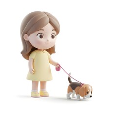 Adorable figurine of a girl holding a leash while walking a small puppy, soft pastel tones and simple forms, isolated on pure white background for clarity.