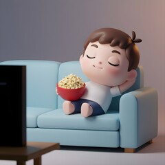 Cute figurine of a boy relaxing on a blue sofa holding popcorn, warm soft shading, isolated on pure white background for a bright playful effect.