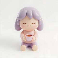 Cute pastel figurine of a girl sitting calmly while holding a warm cup, soft shading and clean edges, isolated on pure white background for a bright minimal look.