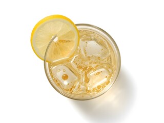 A refreshing lemon soda filled with ice cubes and thin lemon slices.