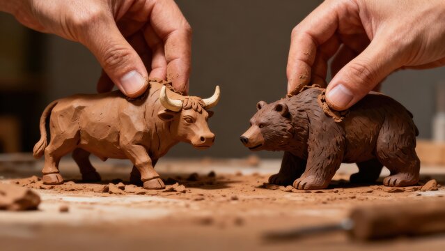 bull bear symbolism concept. Sculpted animals being created from clay by skilled hands.
