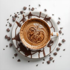 A hot mocha topped with chocolate drizzle and fine cocoa dust. The swirling pattern highlights a rich and warm beverage look.