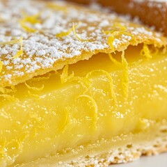 A close-up of a lemon tart showcasing its thick citrus filling and flaky crust dusted with powdered sugar. The vibrant yellow interior highlights a fresh and indulgent dessert texture.
