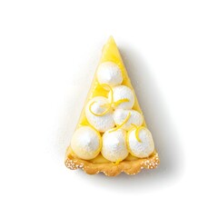 A refined lemon tart slice with creamy filling and crisp crust, topped with soft meringue dollops. The bright yellow center adds a sweet and zesty charm.